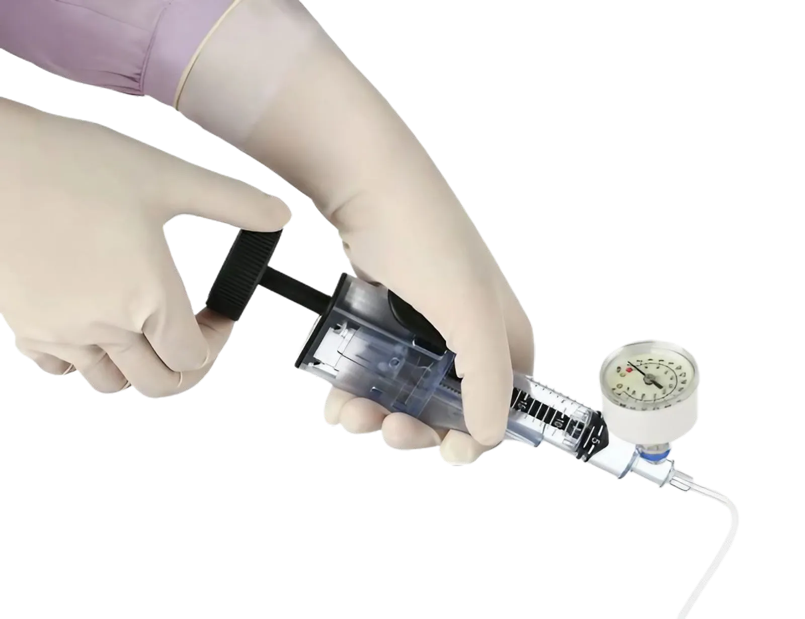 Balloon inflation device held in a gloved hand